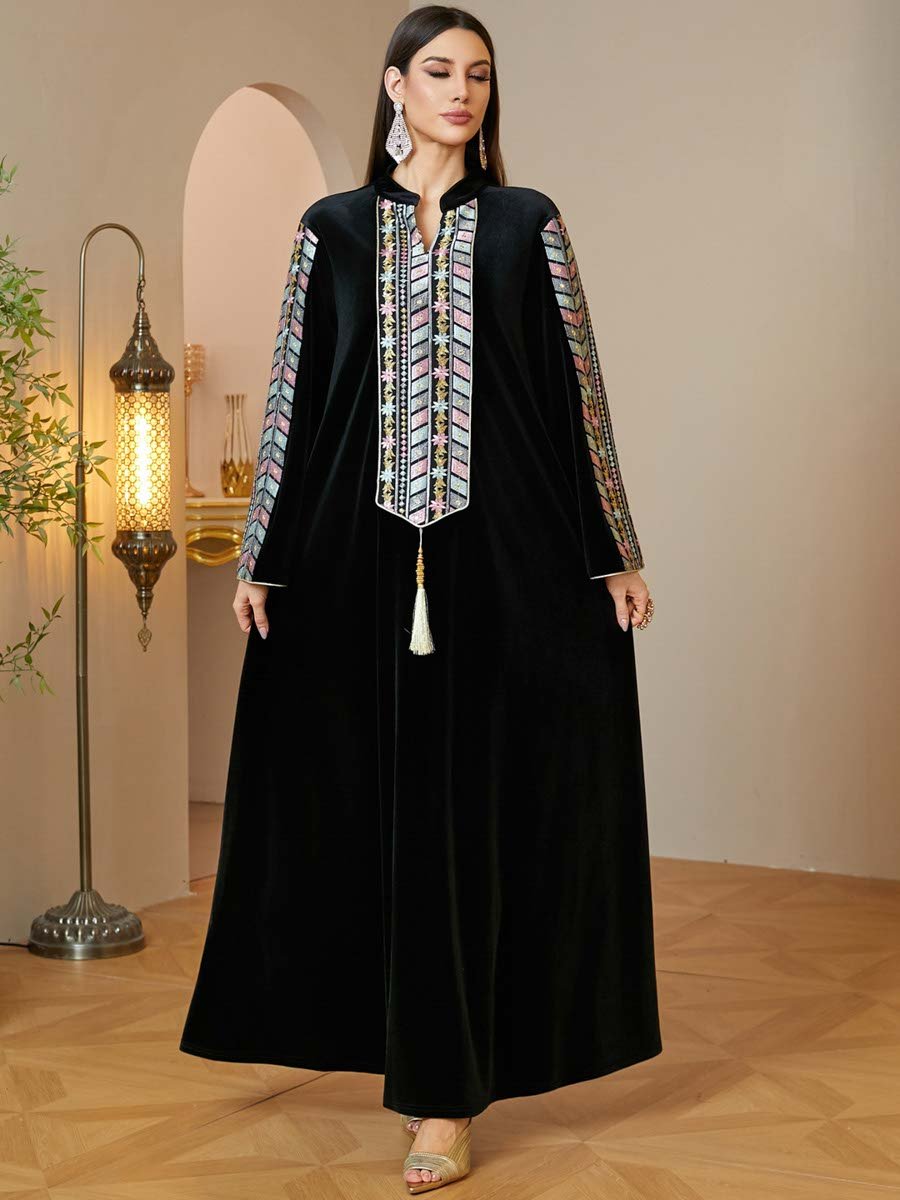 Black Maxi Jalabiya with Geometric Embroidery
