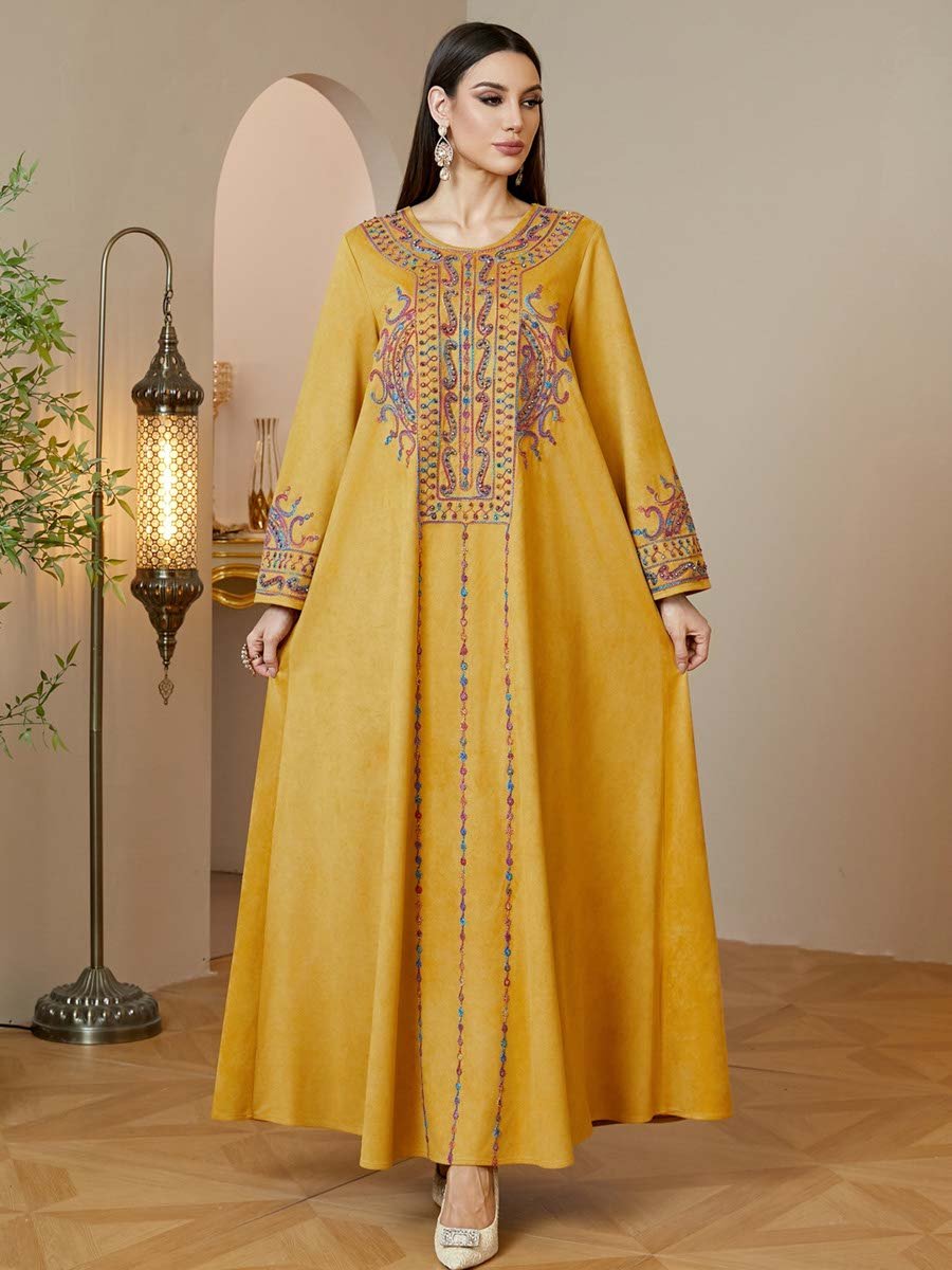 Yellow Embroidered Maxi Jalabiya Dress for Women