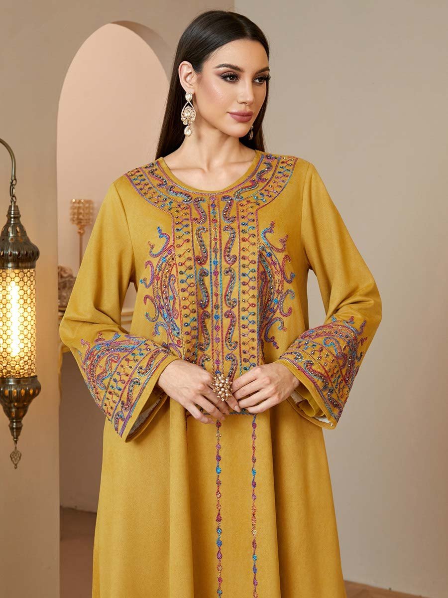 Yellow Embroidered Maxi Jalabiya Dress for Women