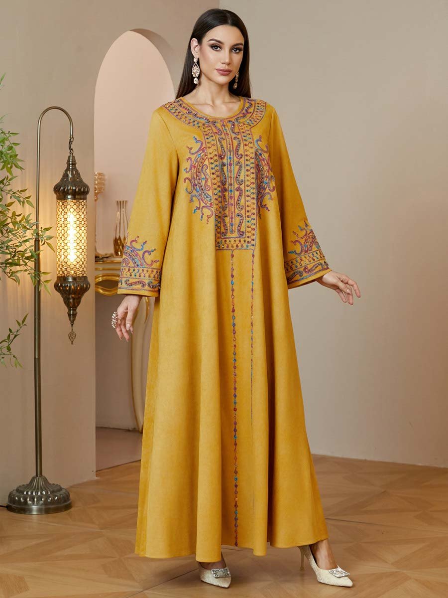 Yellow Embroidered Maxi Jalabiya Dress for Women