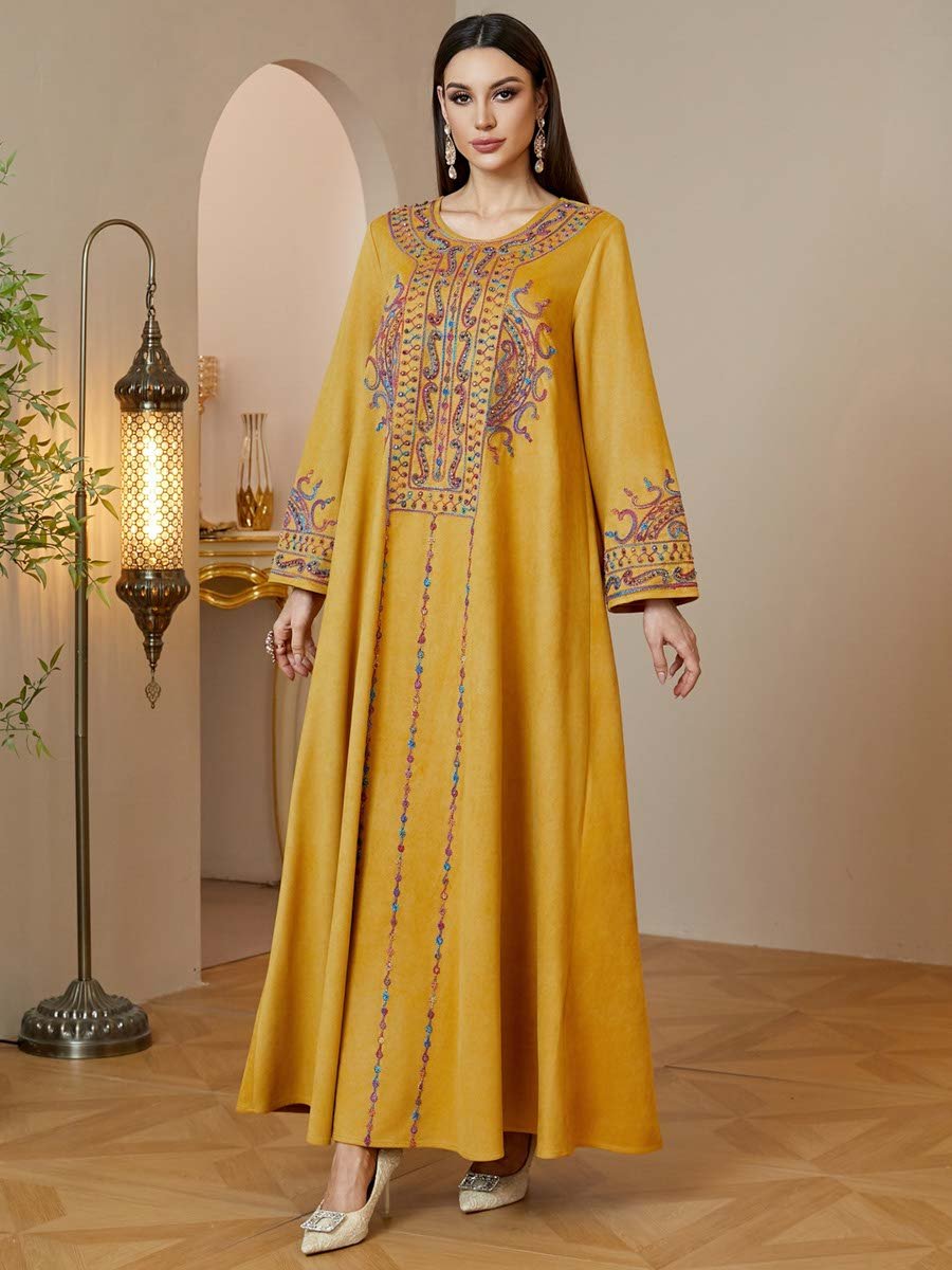 Yellow Embroidered Maxi Jalabiya Dress for Women