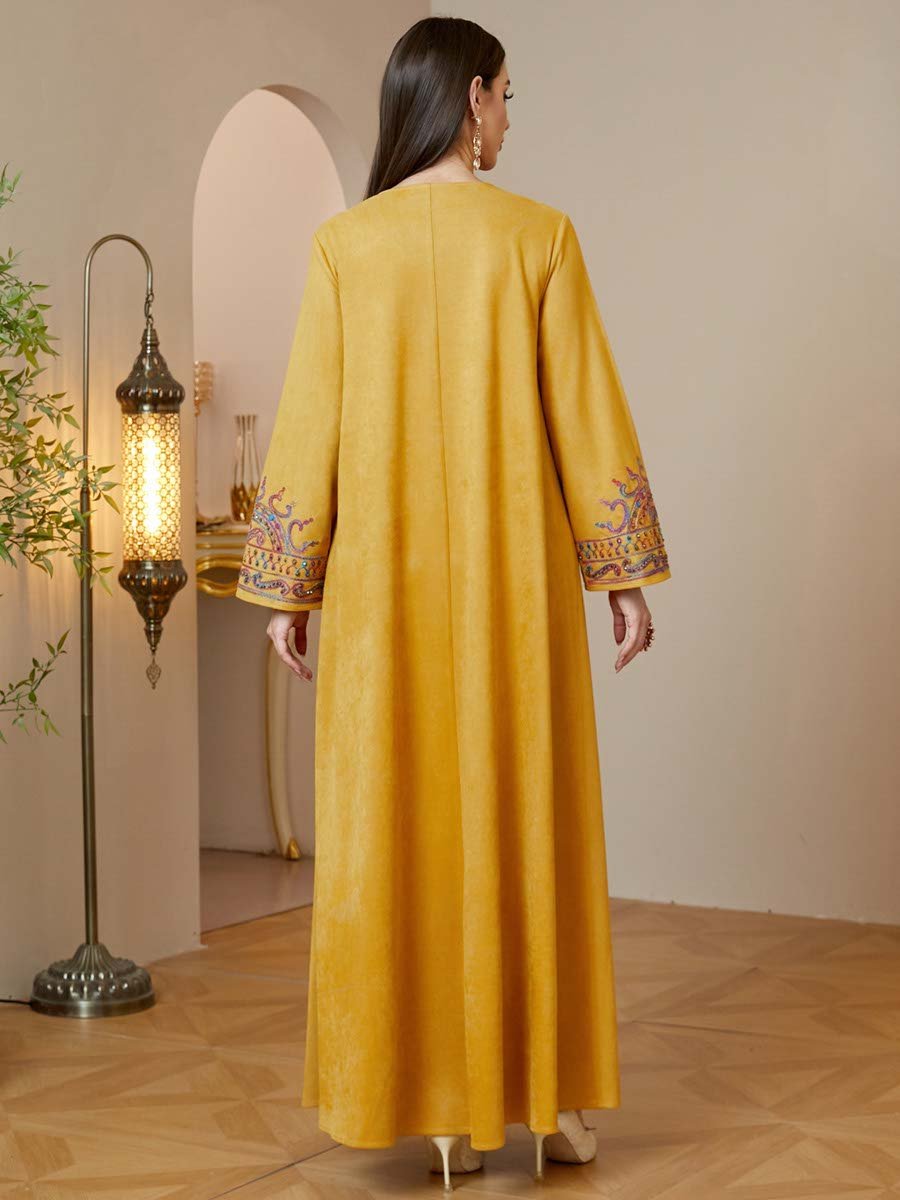 Yellow Embroidered Maxi Jalabiya Dress for Women