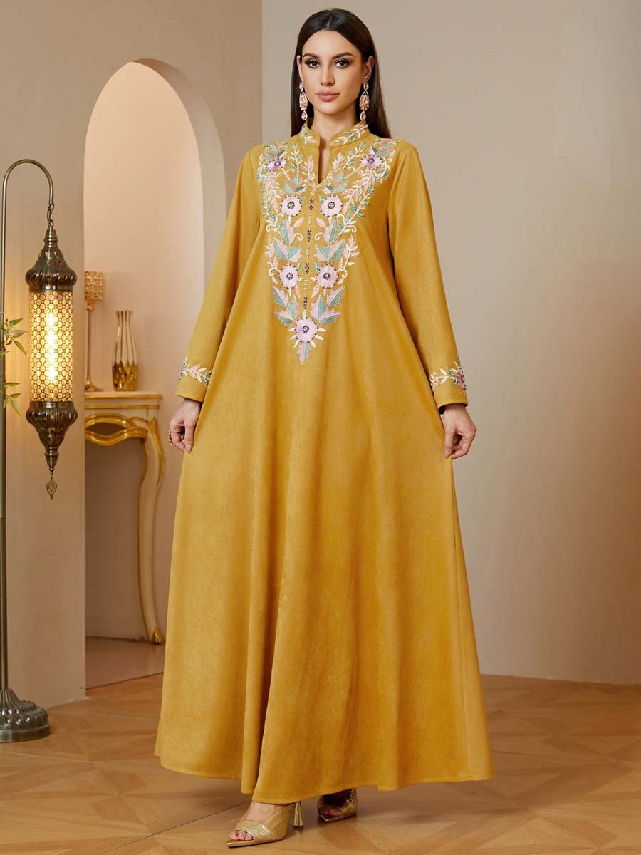 Yellow Floral Embroidered Long Sleeves Maxi Jalabiya