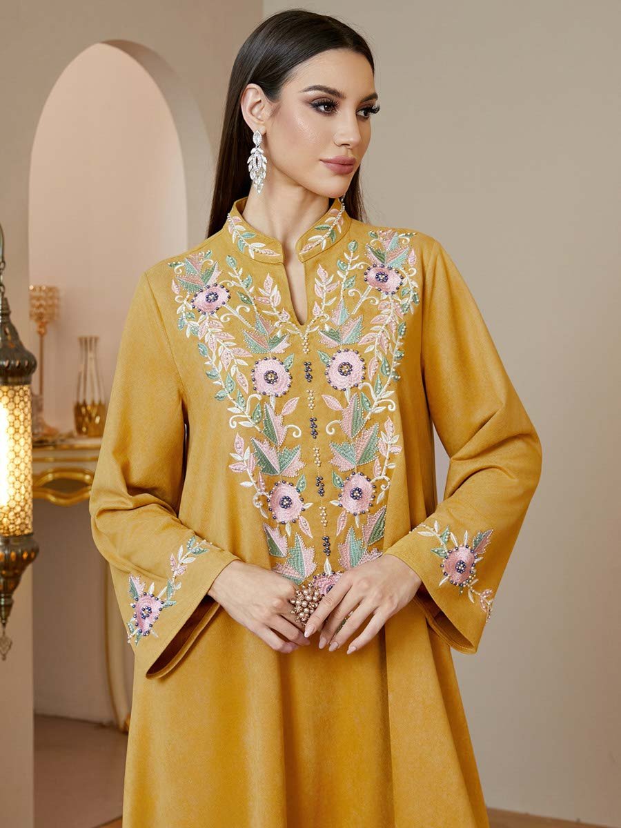 Yellow Floral Embroidered Long Sleeves Maxi Jalabiya