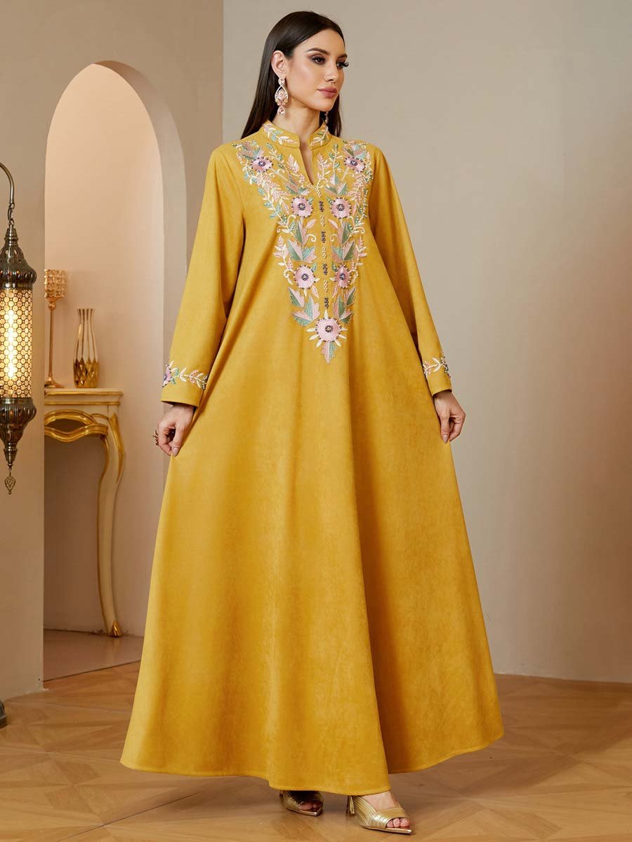 Yellow Floral Embroidered Long Sleeves Maxi Jalabiya