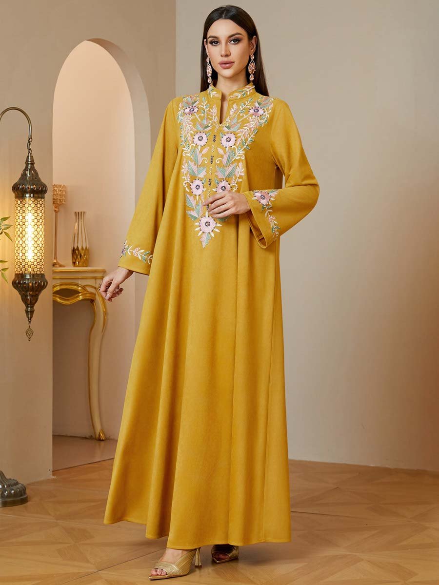 Yellow Floral Embroidered Long Sleeves Maxi Jalabiya