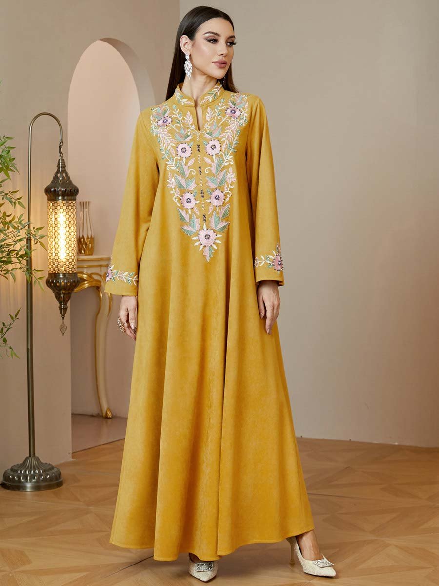 Yellow Floral Embroidered Long Sleeves Maxi Jalabiya