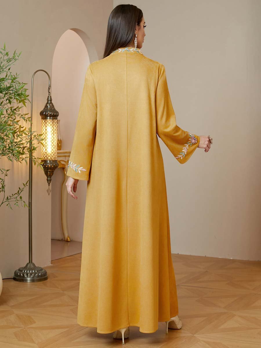 Yellow Floral Embroidered Long Sleeves Maxi Jalabiya
