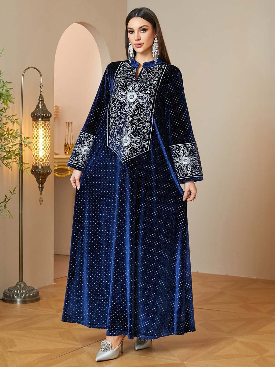Navy Blue Velvet Notch Neck Maxi Jalabiya with Silver Embroidery