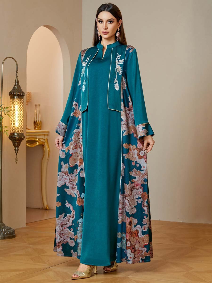 Green Maxi Jalabiya with Floral Embroidery