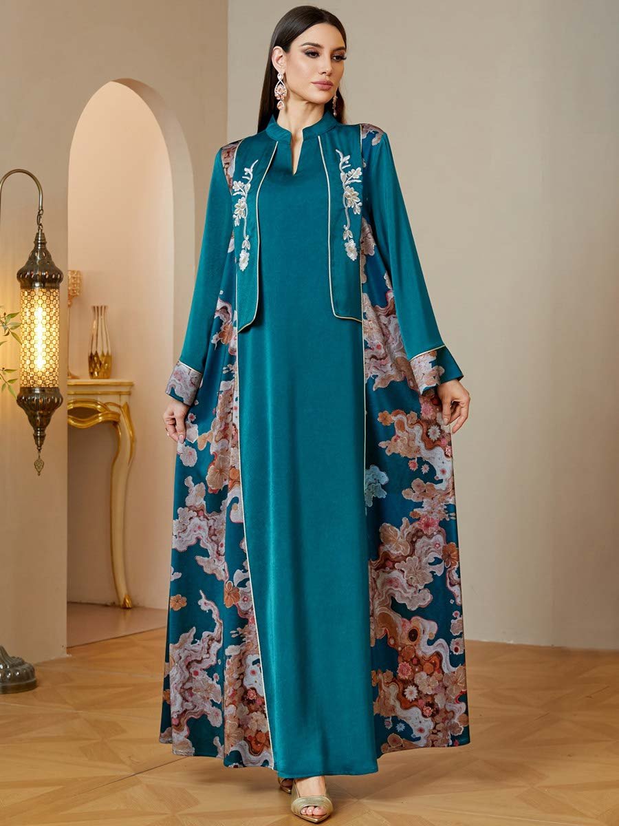  Green Maxi Jalabiya with Floral Embroidery