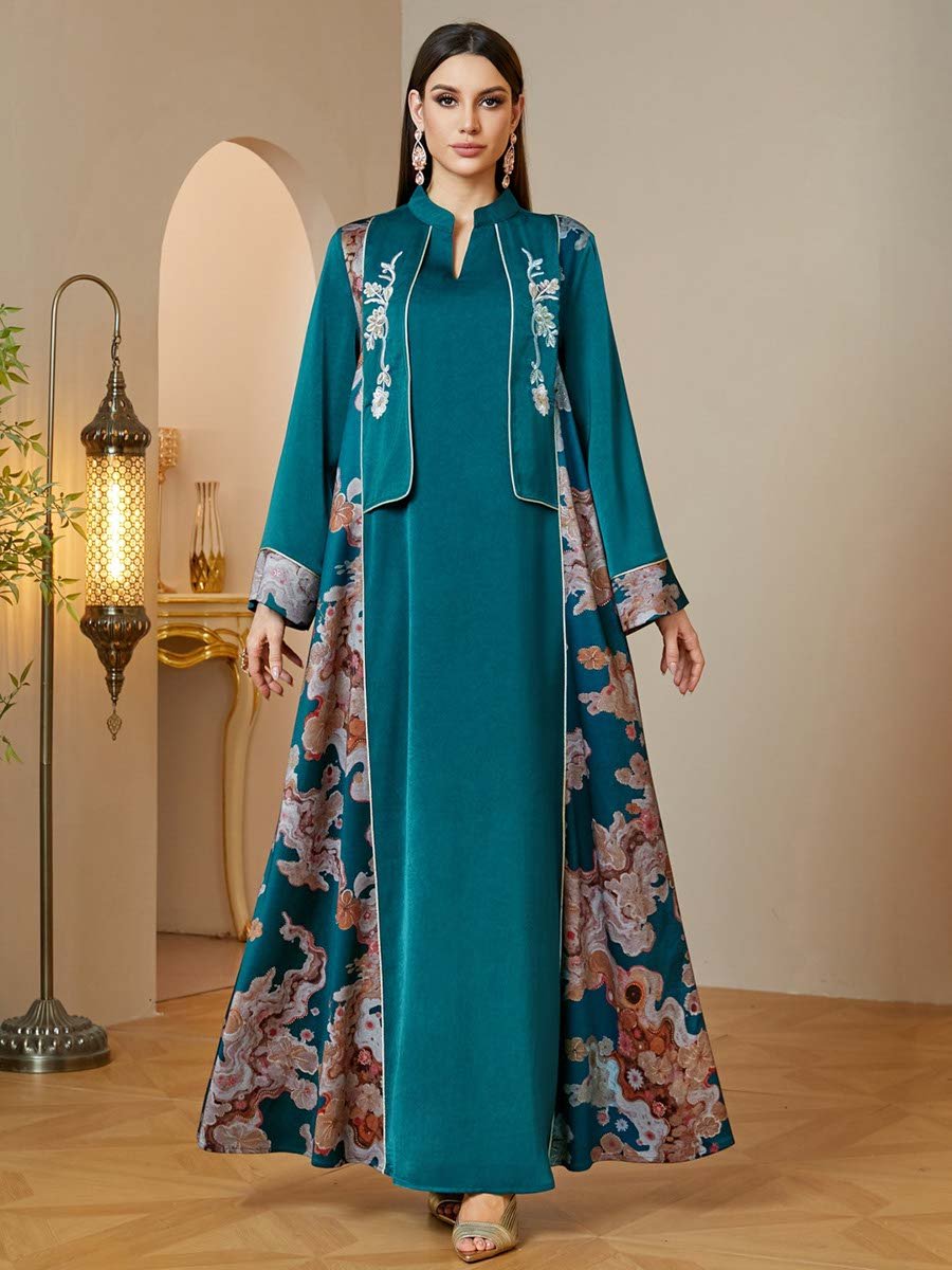  Green Maxi Jalabiya with Floral Embroidery