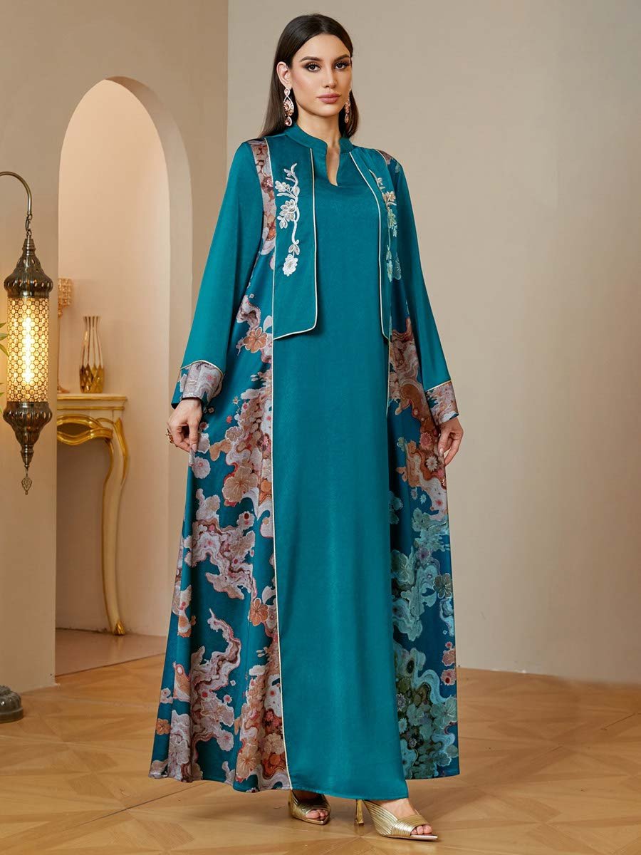  Green Maxi Jalabiya with Floral Embroidery