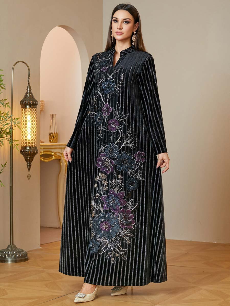 Black Velvet Maxi Jalabiya with Floral Embroidery