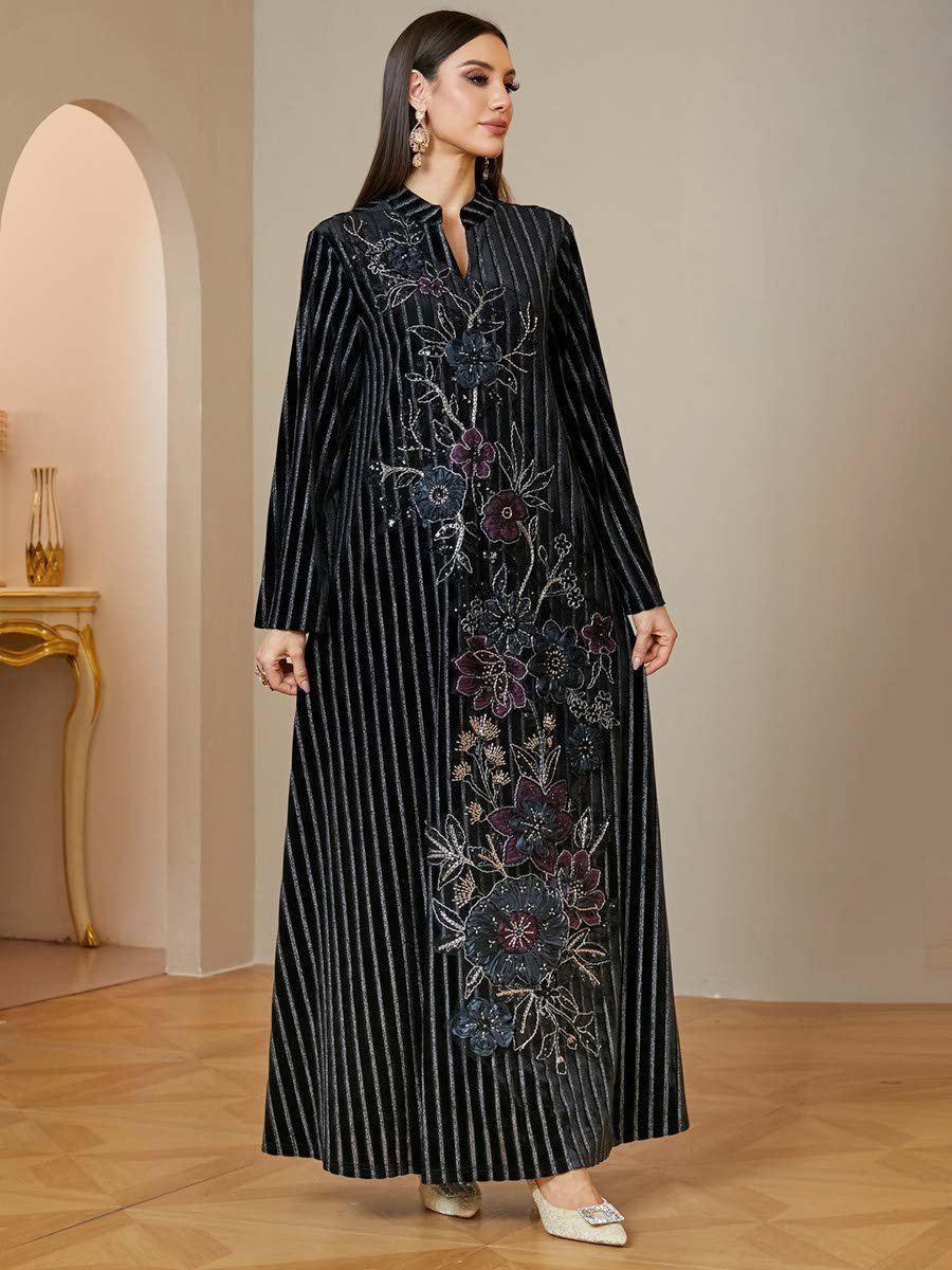 Black Velvet Maxi Jalabiya with Floral Embroidery