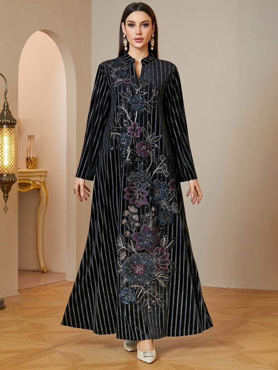 Black Velvet Maxi Jalabiya with Floral Embroidery