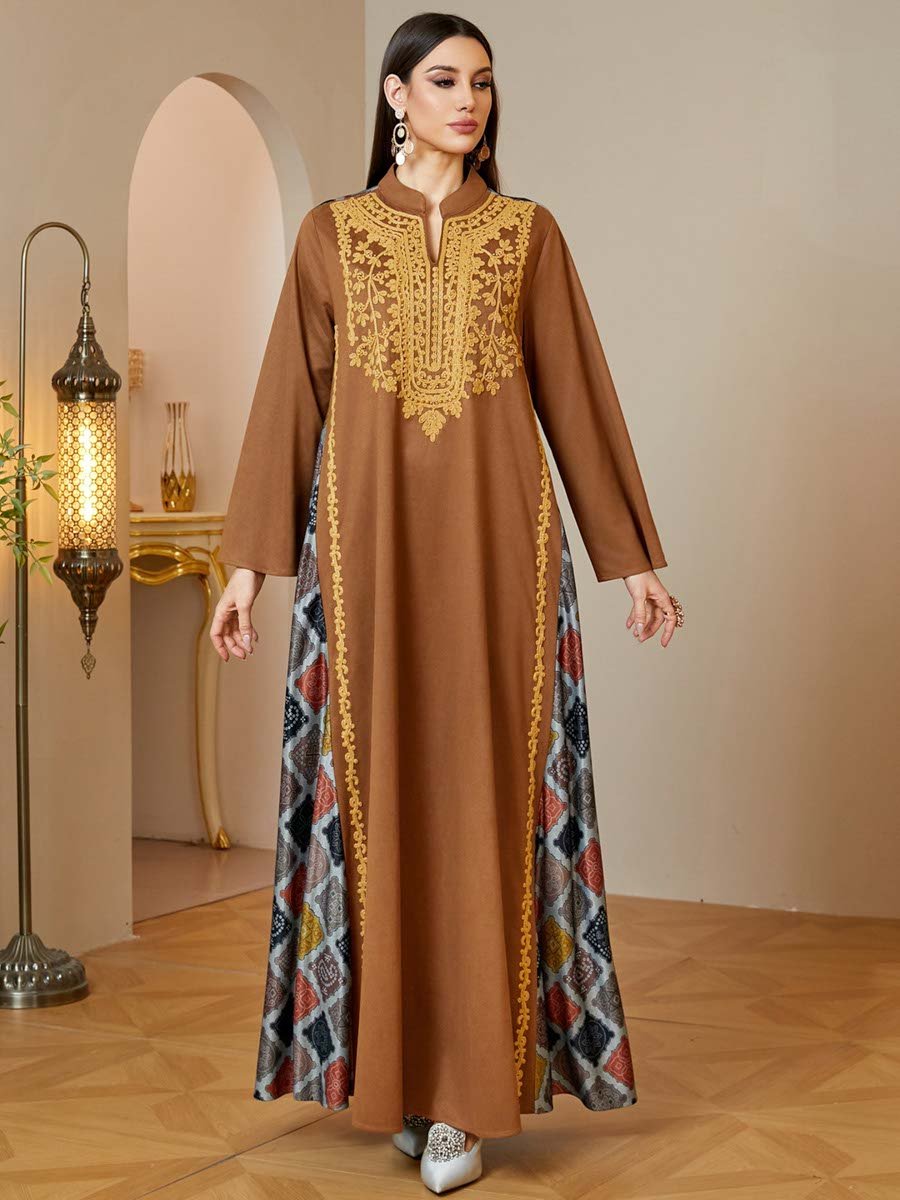 Coffee Brown Embroidered Maxi Jalabiya Dress for Women