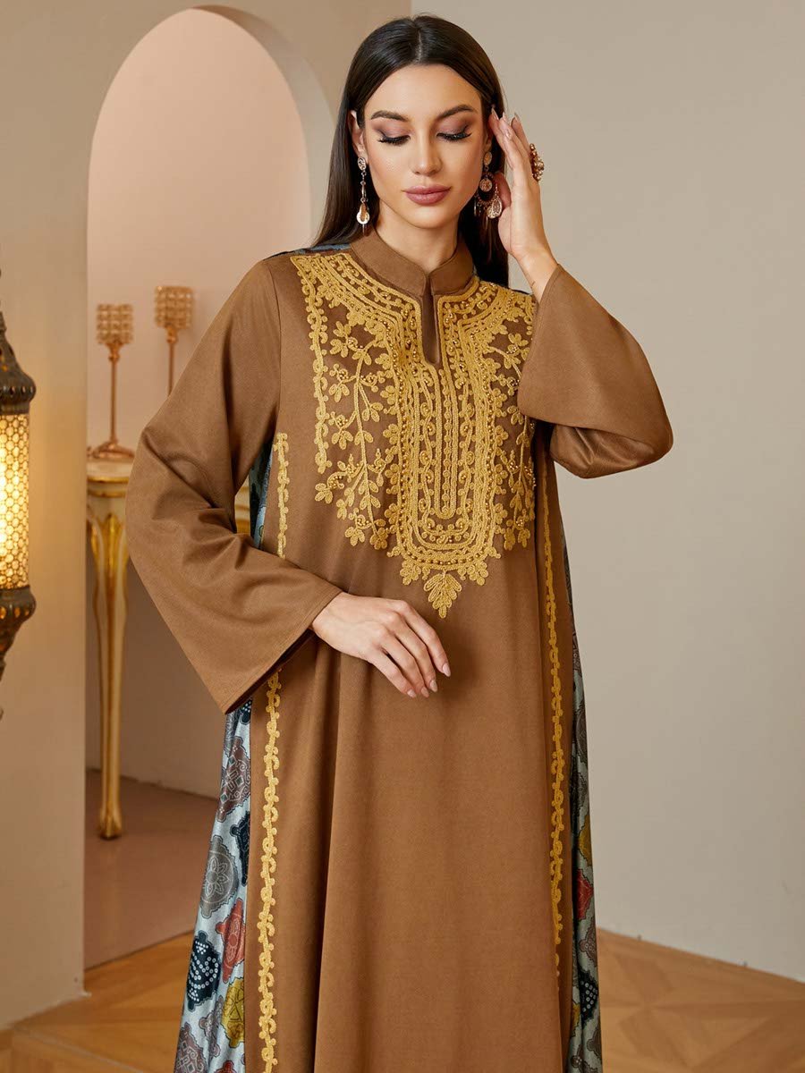 Coffee Brown Embroidered Maxi Jalabiya Dress for Women