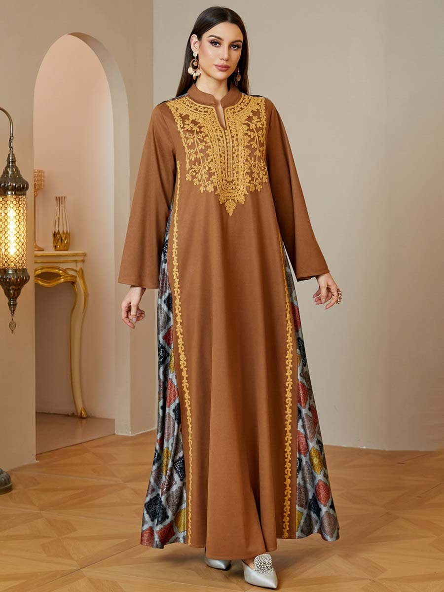 Coffee Brown Embroidered Maxi Jalabiya Dress for Women