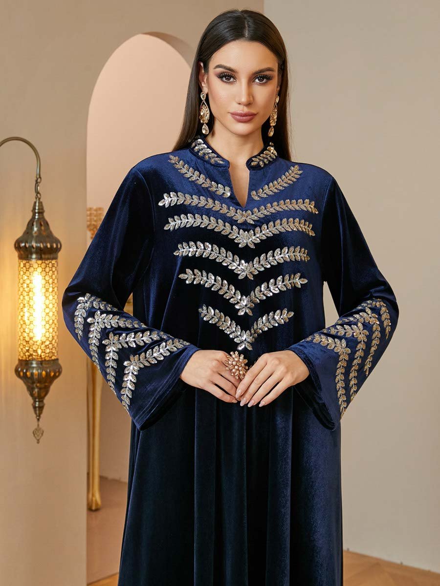 Navy Blue Embroidered Velvet Maxi Jalabiya
