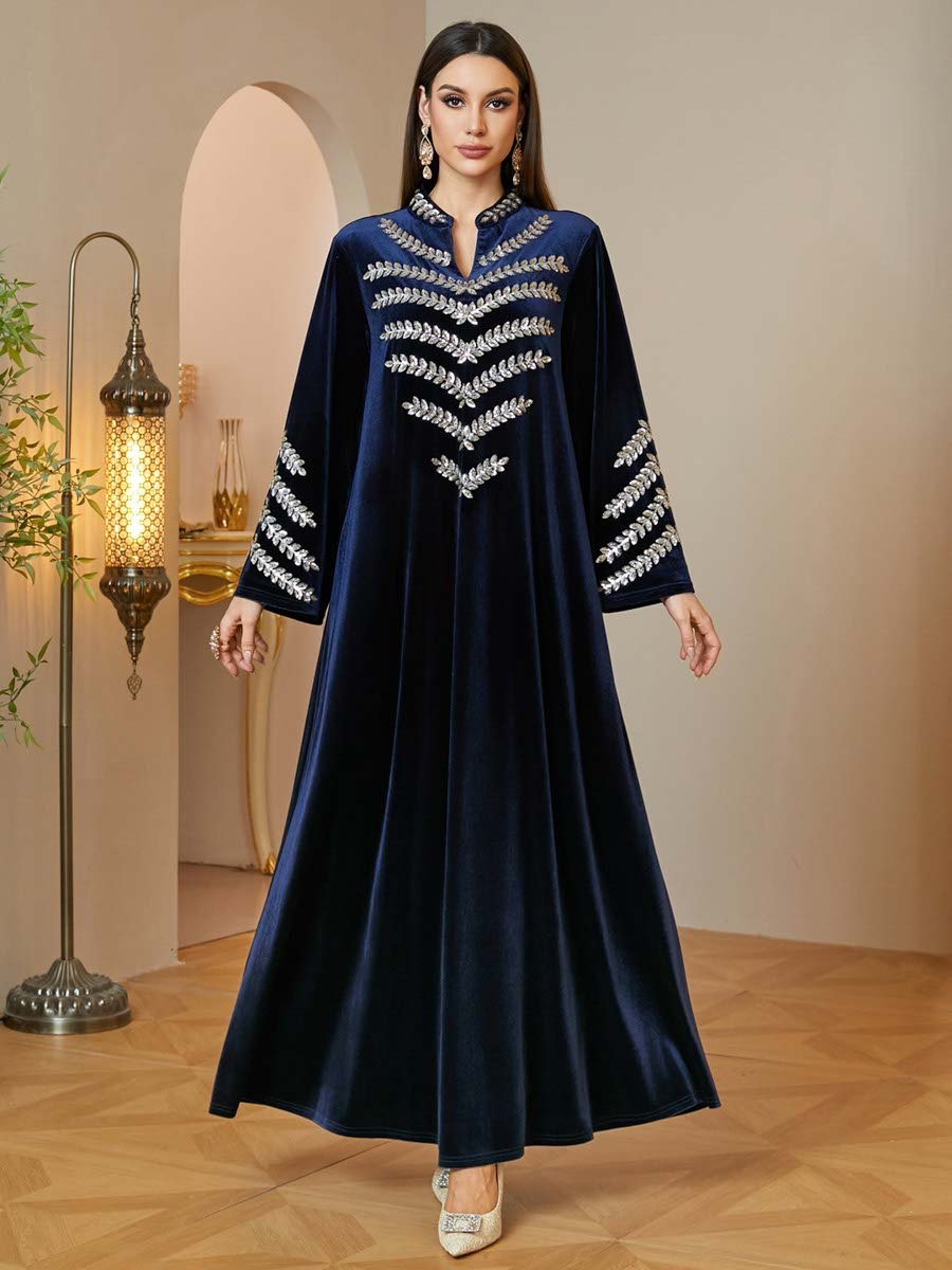 Navy Blue Embroidered Velvet Maxi Jalabiya