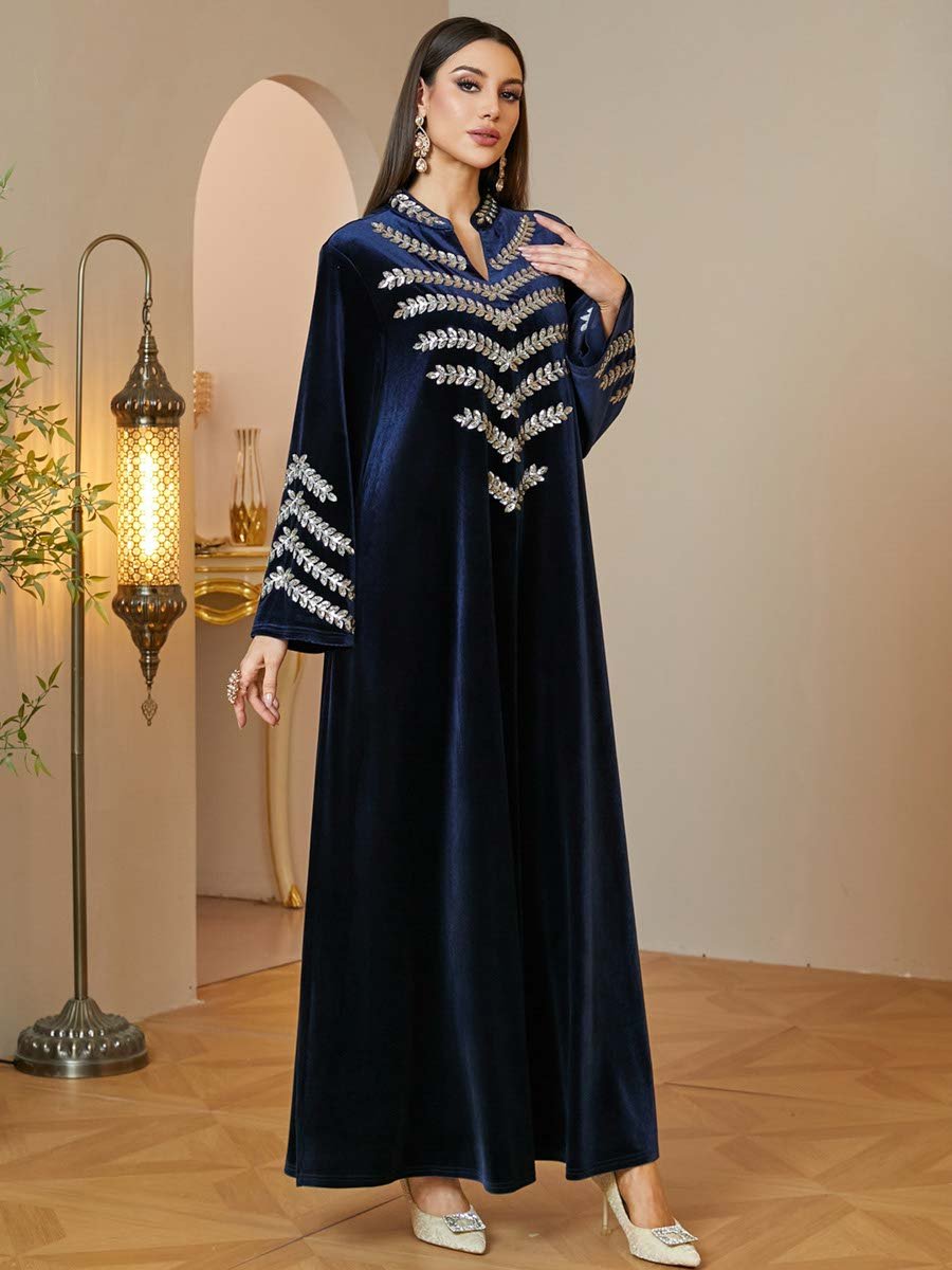 Navy Blue Embroidered Velvet Maxi Jalabiya