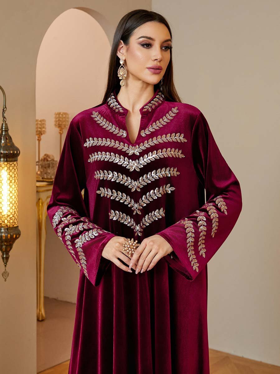 Red Velvet Maxi Jalabiya with Silver Embroidery