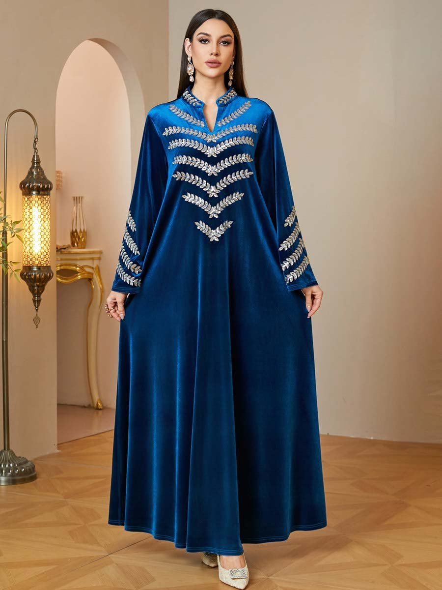 Dark Blue Velvet Maxi Jalabiya with Silver Embroidery