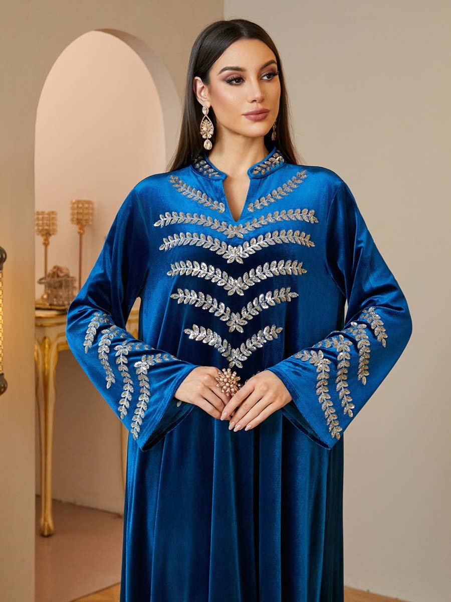 Dark Blue Velvet Maxi Jalabiya with Silver Embroidery