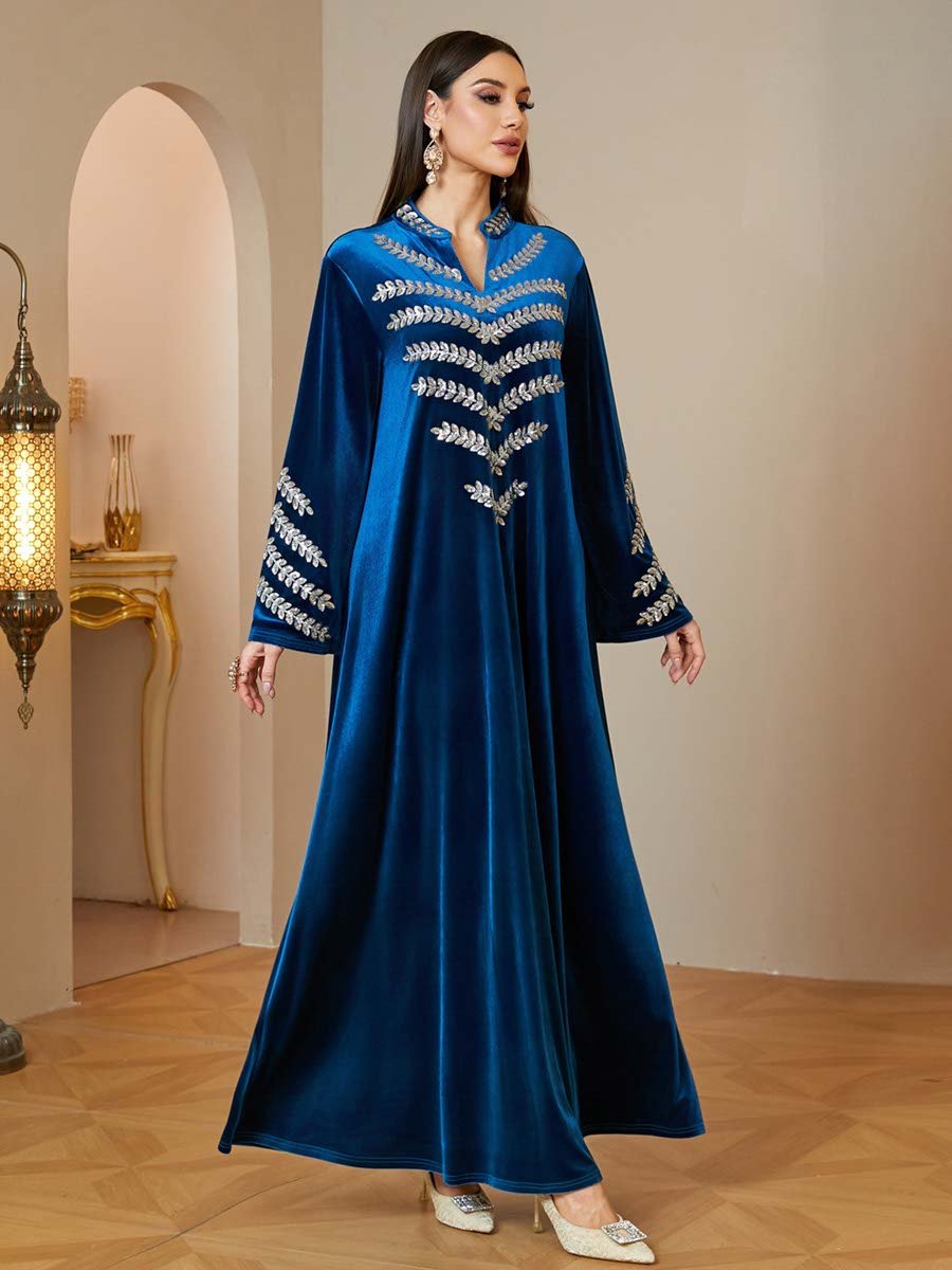 Dark Blue Velvet Maxi Jalabiya with Silver Embroidery