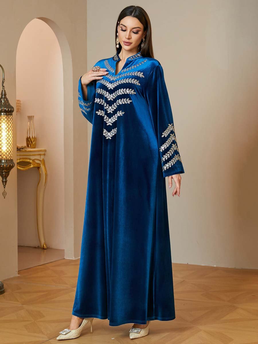 Dark Blue Velvet Maxi Jalabiya with Silver Embroidery