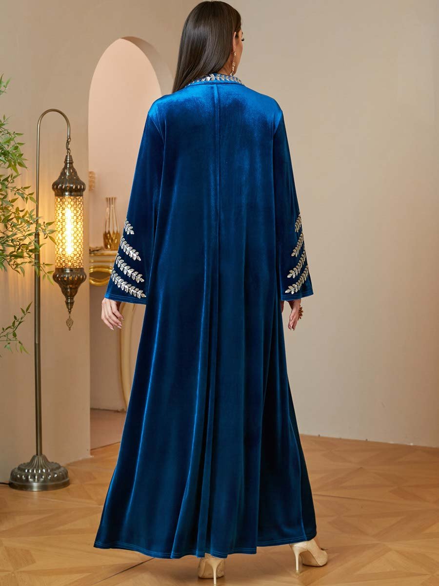 Dark Blue Velvet Maxi Jalabiya with Silver Embroidery