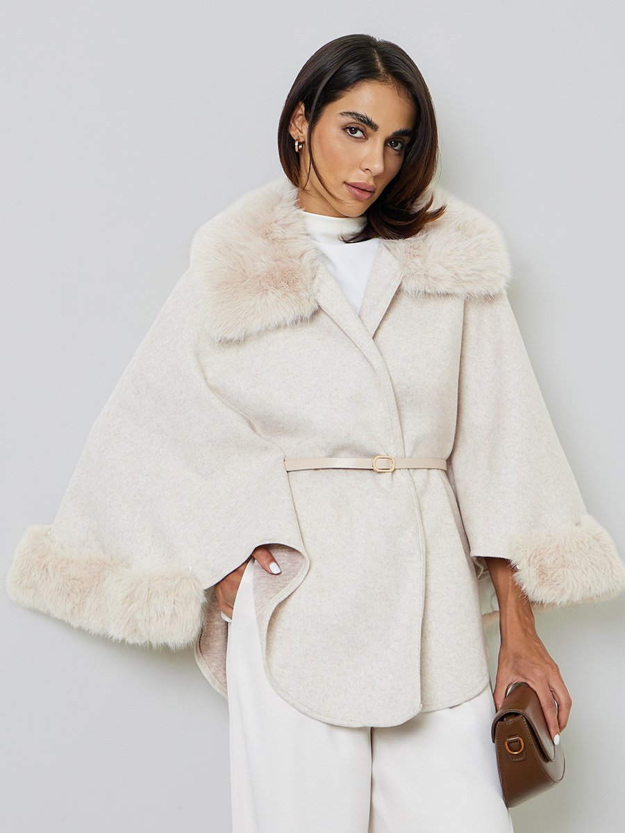 Beige Belted Wool Blend Cape Coat with Faux Fur Trim