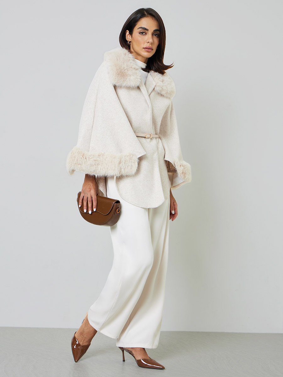 Beige Belted Wool Blend Cape Coat with Faux Fur Trim