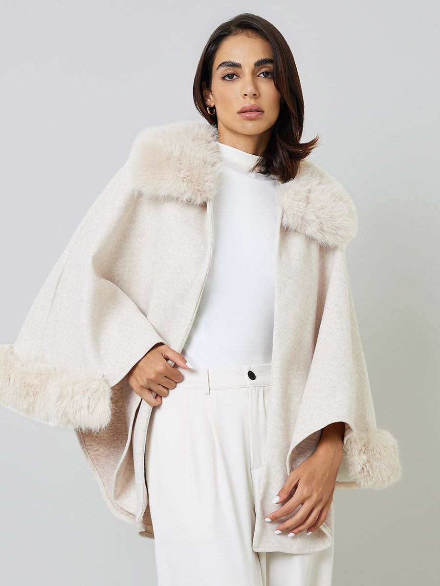 Beige Belted Wool Blend Cape Coat with Faux Fur Trim