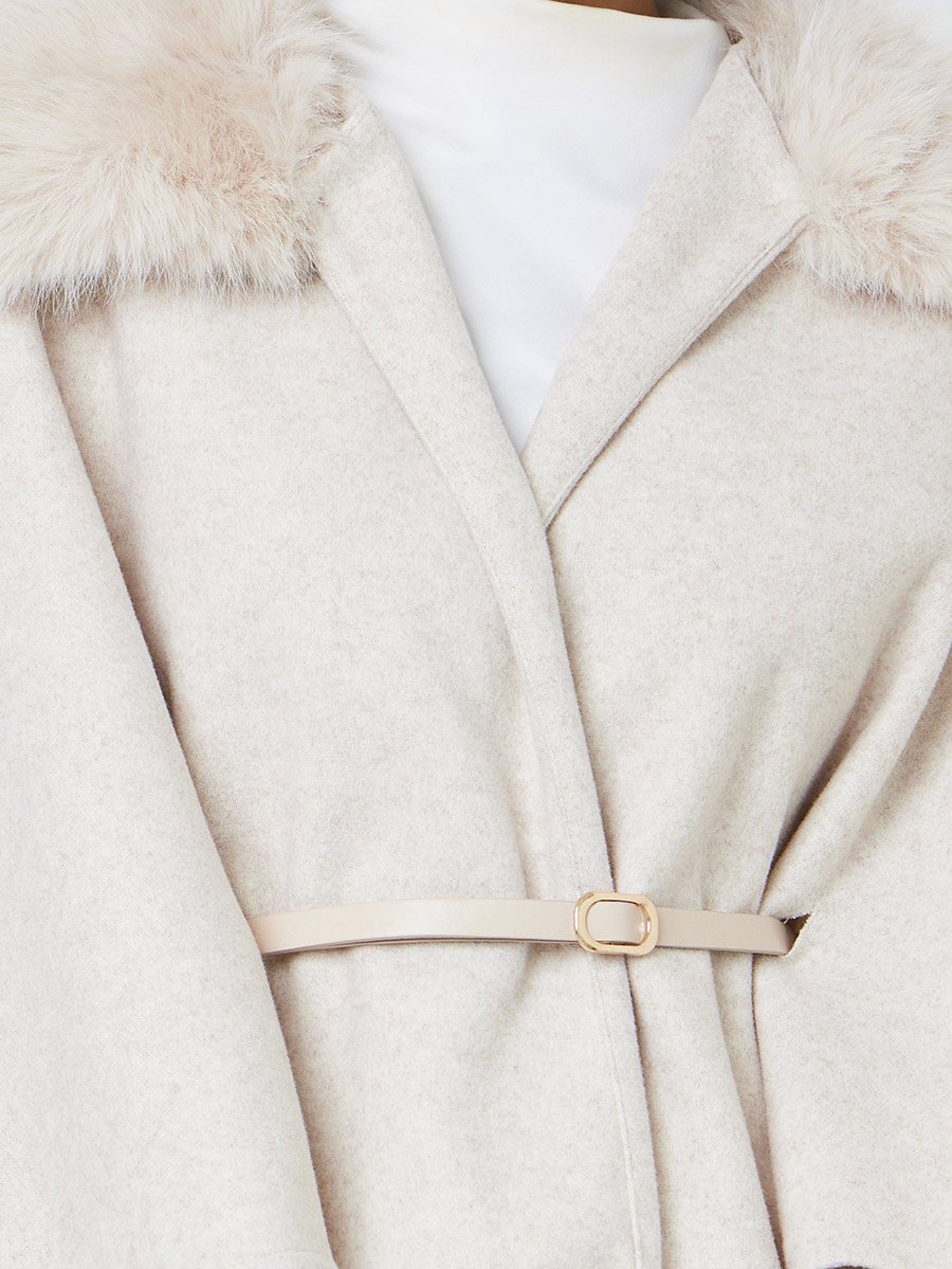 Beige Belted Wool Blend Cape Coat with Faux Fur Trim