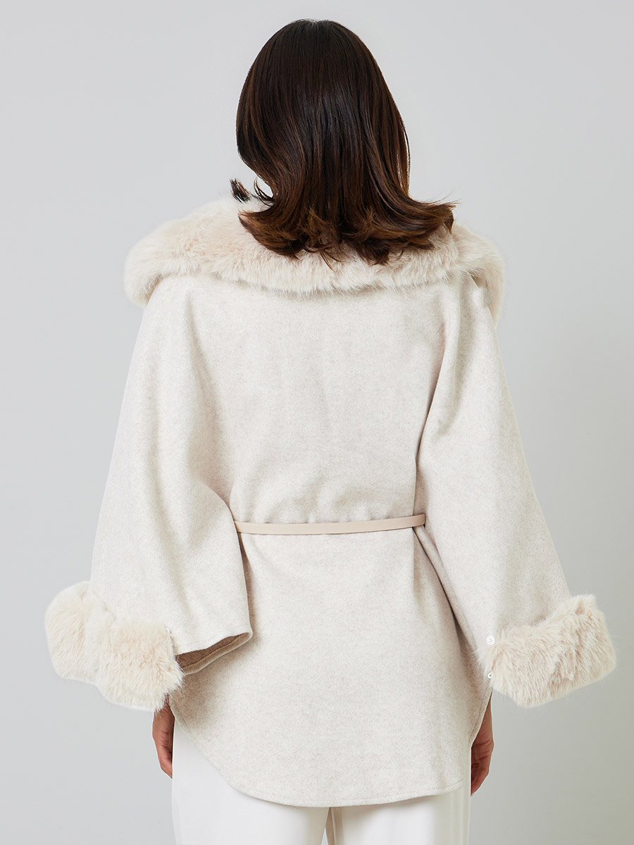 Beige Belted Wool Blend Cape Coat with Faux Fur Trim