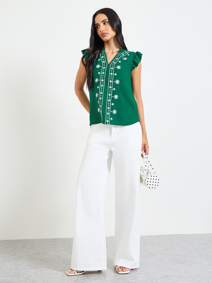 Green Embroidered Sleeveless Blouse