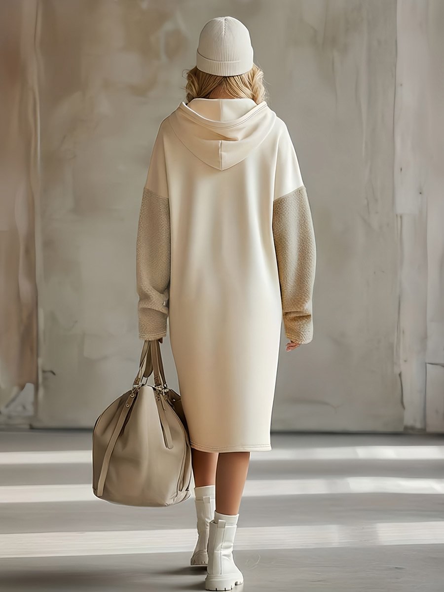 Beige Color Block Midi Hoodie Dress with Fleece Sleeves