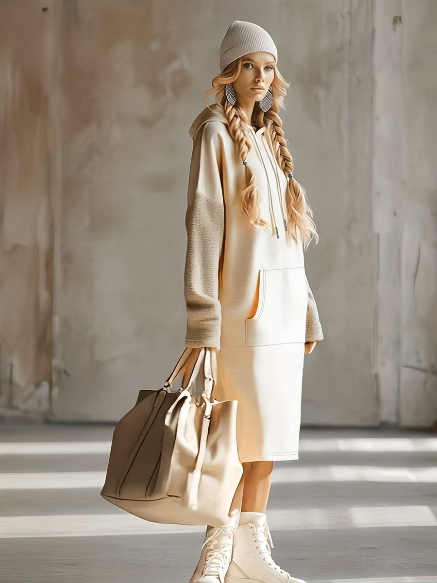 Beige Color Block Midi Hoodie Dress with Fleece Sleeves