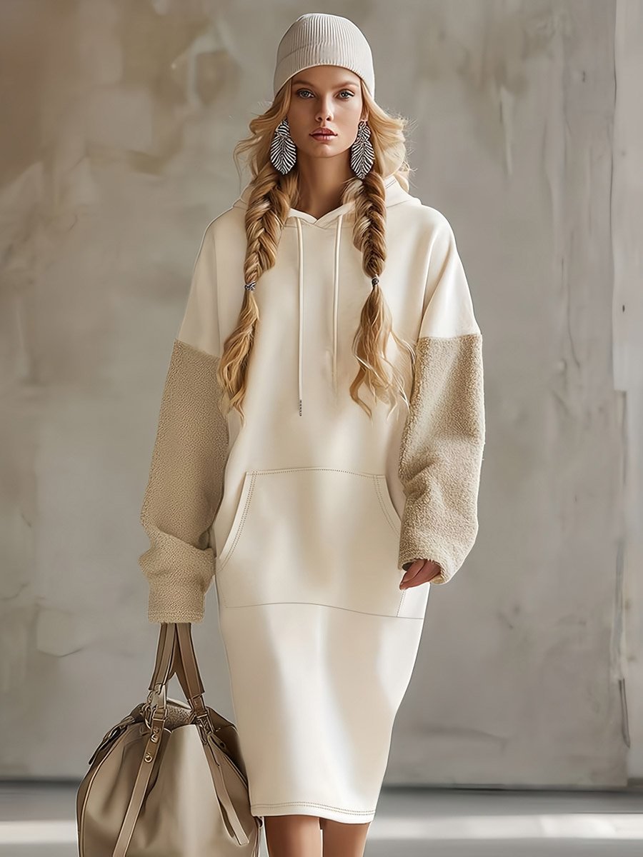 Beige Color Block Midi Hoodie Dress with Fleece Sleeves