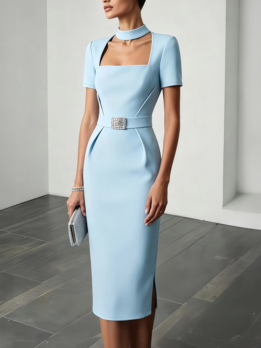 Blue Midi Sheath Dress with Choker Neck and Embellished Belt