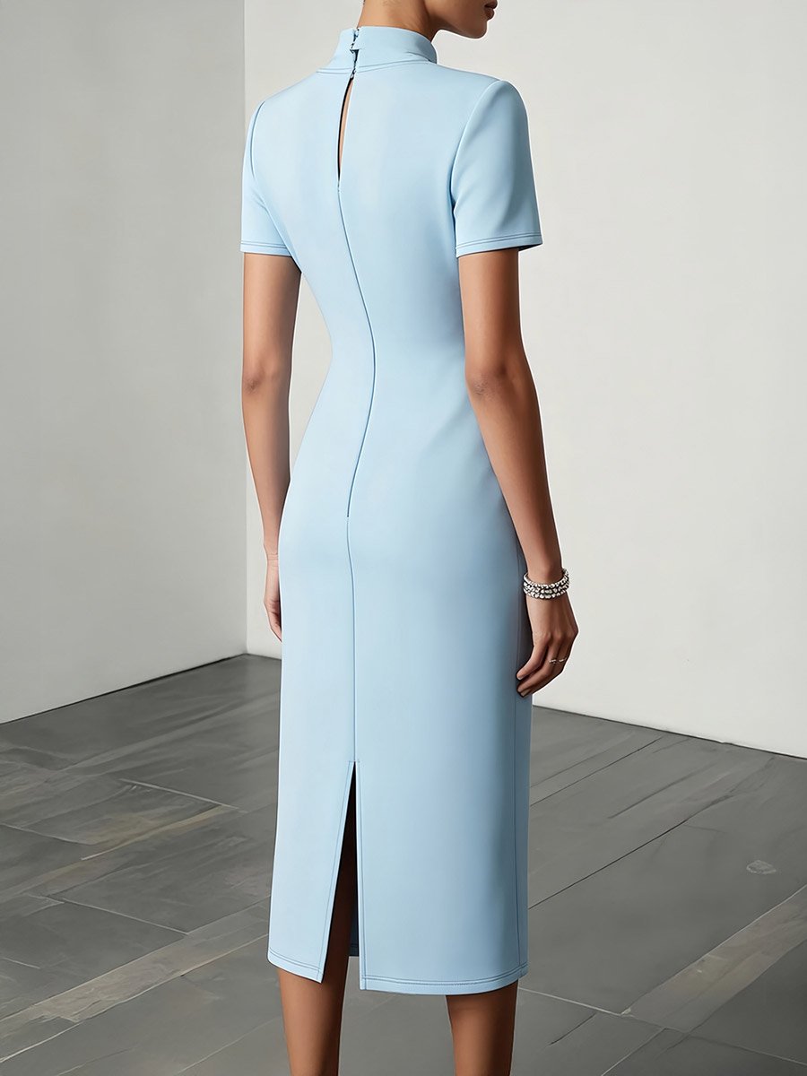 Blue Midi Sheath Dress with Choker Neck and Embellished Belt
