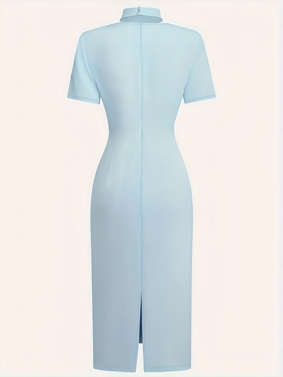 Blue Midi Sheath Dress with Choker Neck and Embellished Belt