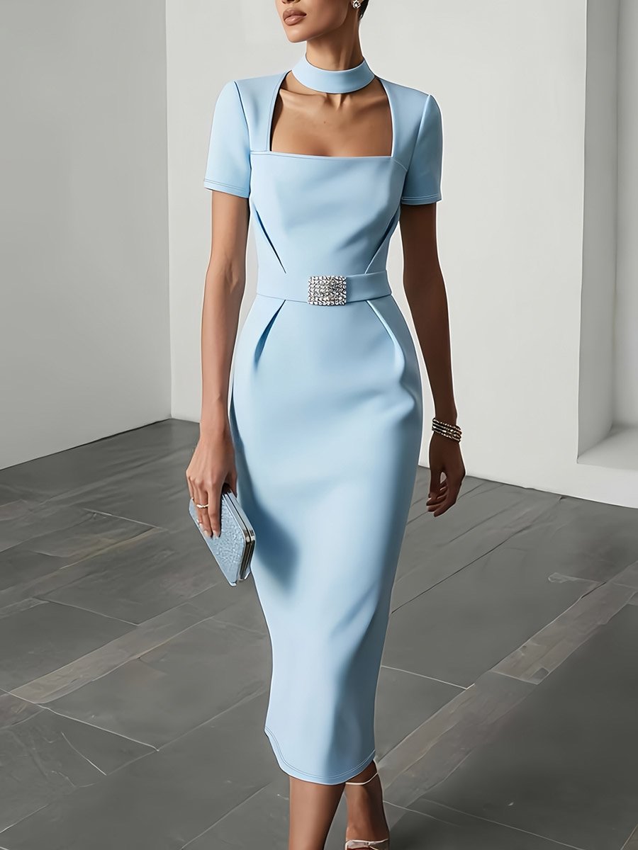 Blue Midi Sheath Dress with Choker Neck and Embellished Belt