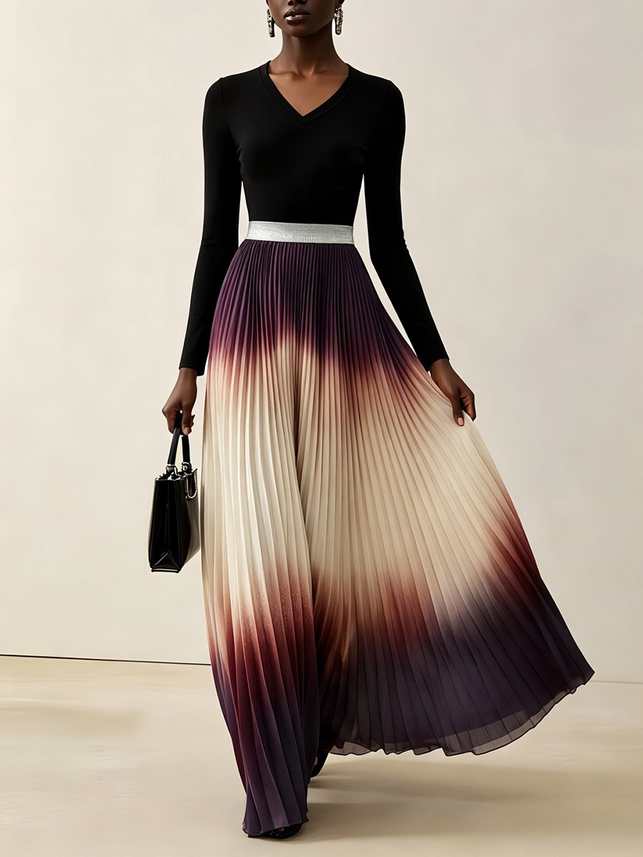 Multi-Color Block Maxi Pleated A-Line Dress with Long Sleeves