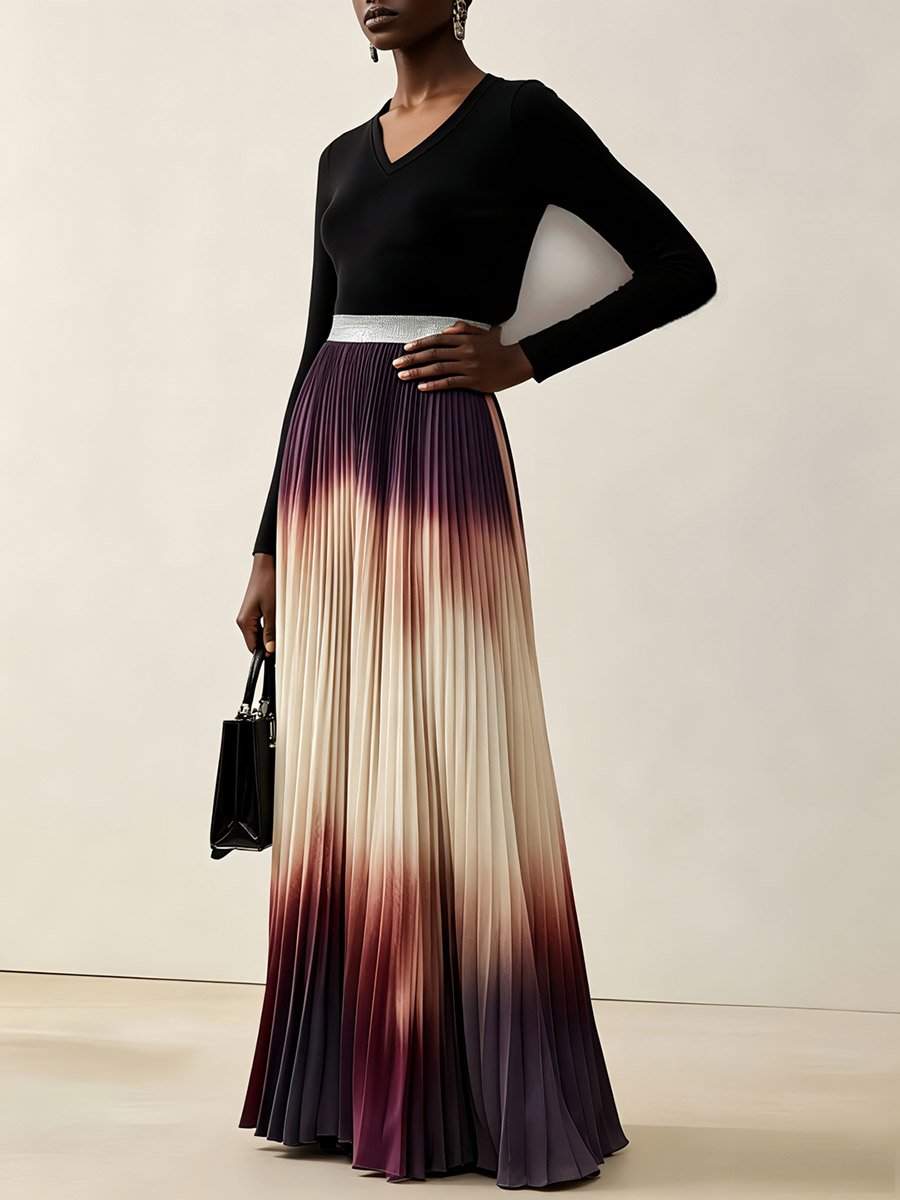 Multi-Color Block Maxi Pleated A-Line Dress with Long Sleeves