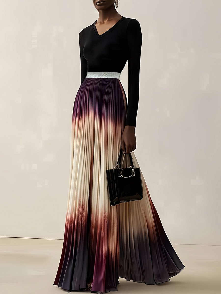 Multi-Color Block Maxi Pleated A-Line Dress with Long Sleeves
