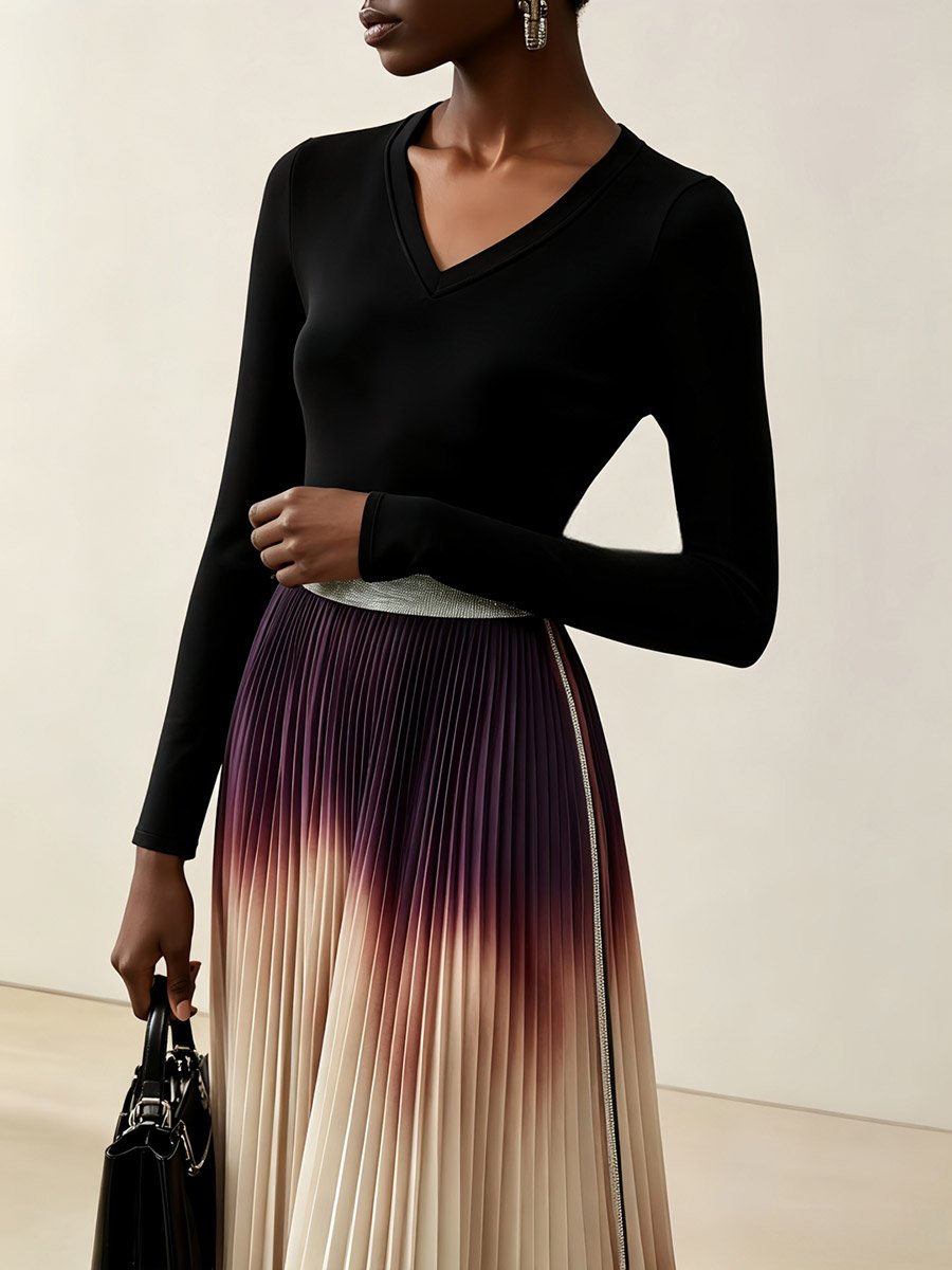 Multi-Color Block Maxi Pleated A-Line Dress with Long Sleeves