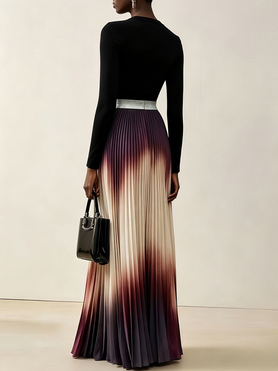 Multi-Color Block Maxi Pleated A-Line Dress with Long Sleeves